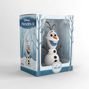 Frosty, forest-themed packaging of Disney Frozen II Olaf figure. White background with central display of Olaf snowman. Designed for shipping protection and clear Disney branding.