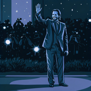 Bradley Cooper, in a blue suit, waves to the crowd at the Golden Globe Awards.