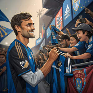 Chris Wondolowski at a bustling fan meet and greet. Wearing his team jersey, he signs autographs amidst cheering fans.