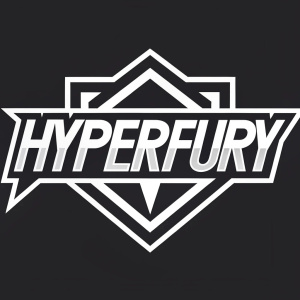 Hyperfury logo, featuring angular design with jagged text. Modern, monochromatic palette in white and black. Strong, powerful look with clean lines and bold shapes.