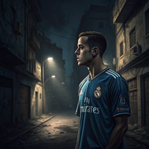 Lucas Vazquez, Real Madrid player, wearing blue jersey with club's crest, standing alone in a desolate urban alleyway at night