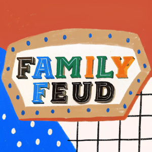 The logo for 'Family Feud' game show. A dynamic, 3D design with gold and silver accents. Against a deep blue background, the words 'Family Feud' stand out in bold, playful font. Imparting a mix of fun and sophistication.