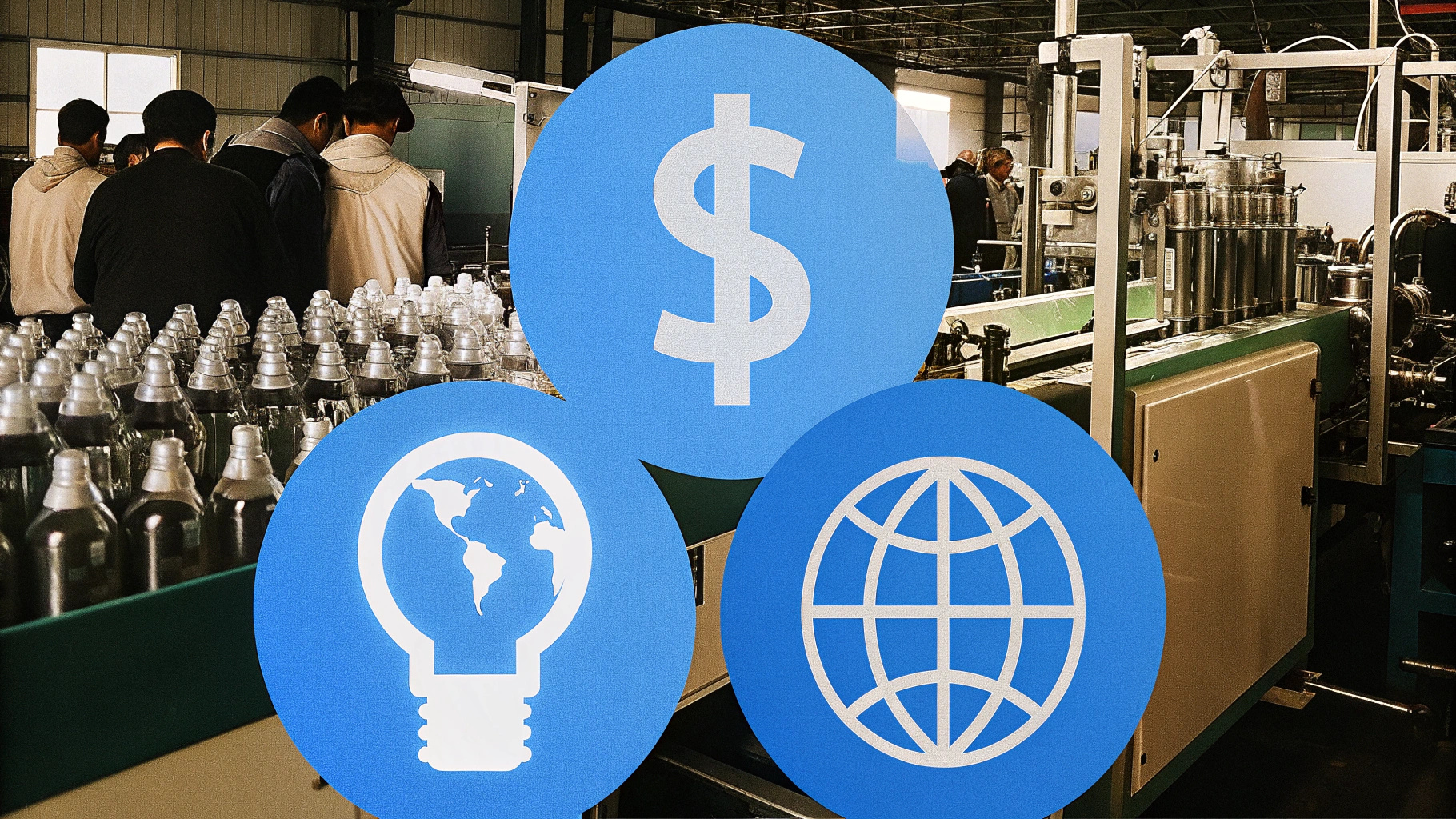  A bustling Chinese manufacturing facility showcasing advanced machinery and an efficient assembly line producing stainless steel water bottles. In the foreground, symbols like a dollar sign (cost efficiency), a globe (global trade), and innovation (lightbulb) emphasize the benefits.