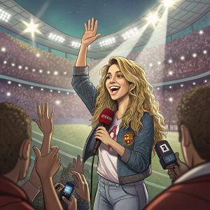 Shakira, in casual attire, at a stadium interview. Cheerful, waving to fans. Bright lights, cheering crowd
