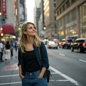 Melanie Laurent, French actress, in a candid shot. Wearing casual attire, standing alone in a bustling city street.