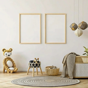Soft and minimal touch kids room with blank and empty wall decoration.
