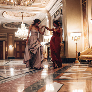 Queen Letizia of Spain and Mercedes Peñas Domingo at a gala event. Ornate gold chandeliers and intricate marble flooring adorn the grand hall.