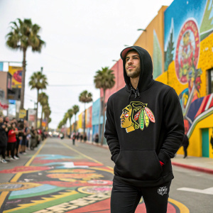 Corey Crawford's graphic printed on a black hoodie, model standing in a vibrant, colorful street scene.