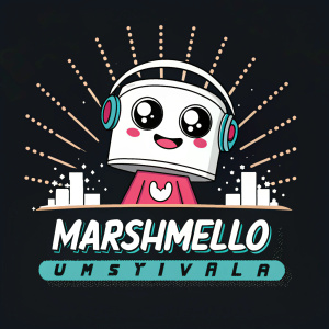 Ultra Music Festival poster featuring a cartoon marshmallow character named Marshmello. The marshmallow has a round body, large eyes, and a smile. The text 'Marshmello' is displayed below the character. The background is black with white highlights for contrast. Modern graphic design style.