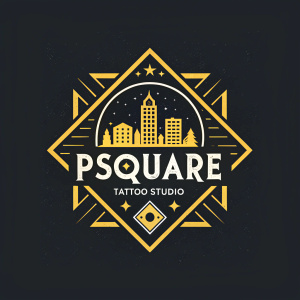 Logo for PSquare Tattoo Studio. Black and yellow colors, grunge aesthetic, geometric design elements, clear text.