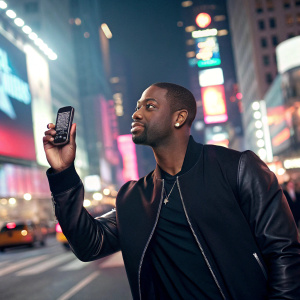 Advertisement for T-Mobile Sidekick 3. D-Wade, basketball star, holding phone in busy city street. Bright neon lights of the cityscape behind him.