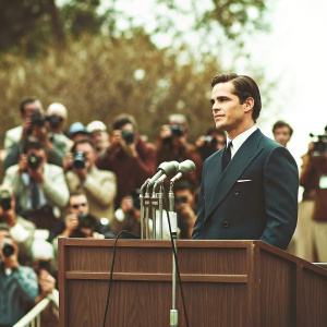 Matt Bomer, wearing a tailored navy suit, at a press conference. Crowd of journalists and photographers in the background