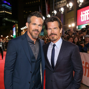 Ryan Reynolds and Josh Brolin, in sharp suits, posing for photographers at the bustling film festival. Crowds of fans and media gather around them.