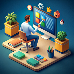 Person on a computer, opening an application that has many things