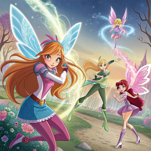 Digital art featuring Winx Club characters in various action poses. Fantasy theme, combat and casual outfits, diverse expressions