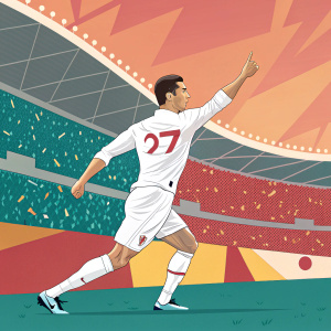 Flat design illustration of Cristiano Ronaldo in action pose. He is wearing a white jersey with his name and number. The background is a vibrant stadium crowd.