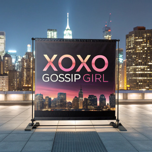 Promotional banner for 'Gossip Girl'. Bold cityscape background with modern font, 'XOXO Gossip Girl'