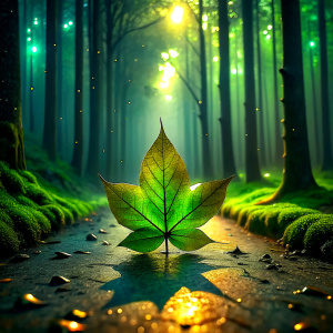 A lone leaf jogging along a sun-dappled forest trail, its green surface glistening with beads of dew, as it moves with determination and focus, surrounded by towering trees and the soothing sounds of nature, evoking a feeling of solitude and determination, Photography (Prime Lens, f/4, ISO 200) capturing the leaf in crisp detail.