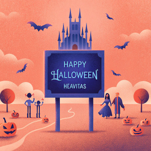 give me a Halloween atmosphere with a palace background with lots of clouds and bats with a Halloween theme, lots of Halloween accessories, outdoor events, with the addition of the text "happy Halloween" (heavitas) right on the notice board in the middle of the image which blends with the image, typography on the text (contour , color, shadow, shadow block)