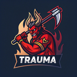 A logo featuring a muscular, fiery-red demonic figure with a fierce expression, wielding a weapon. Central element with bold colors and dynamic lines. Set against a dark background. Word 'TRAUMA' in clear, sans-serif font. Modern and bold design.