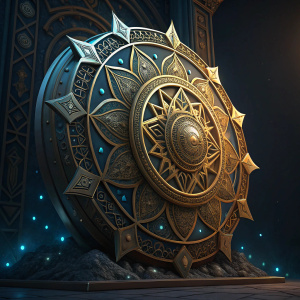 Highly detailed 3D rendering of Godfall artwork by Evan McKnight. Centerpiece is an ornate golden design with intricate patterns. Background is dark to emphasize golden and blue highlights. Artwork seamlessly blends fantasy and futuristic aesthetics. Dramatic lighting adds depth and richness to the piece.
