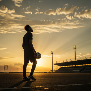 Neymar Jr., standing alone on an empty soccer field at sunset. Golden hour lighting casting long shadows. He holds a soccer ball, gazing into the distance.
