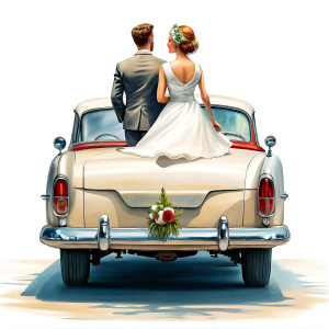 in front of a pure white background, create a white old convertible from behind with a wedding couple sitting on top of the trunk with a just married sign