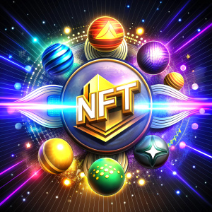 Create an unique & different illustration that represents NFT marketplace with "NFT" text written on the illustration