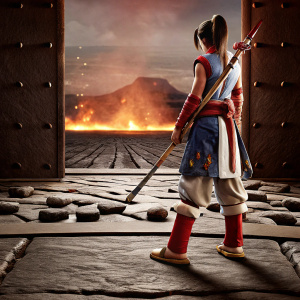 Xianghua from Soul Calibur 2, standing in a vibrant, fiery landscape.