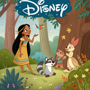 Pocahontas, the lead character, surrounded by woodland friends including a raccoon and other Disney characters. Forest setting with Disney logo prominently displayed.
