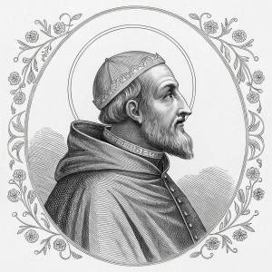 Flat grayscale illustration of Pope Pontian from 1588. Engraving featuring detailed robe, halo, and ornate floral border. Focus on subject.