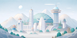 White illustration,  Wes Anderson style, surreal collage of many futuristic buildings and a lot of  briges and a lot of trees, big  ocean, soft lines, grainy paper