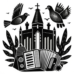 desenho preto sanfona cacto igreja passaros  preto  vetor xilogravura


