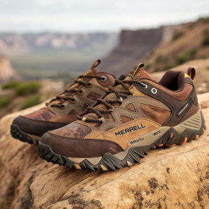 Merrell Wraith Fire Men hiking shoes. Brown camouflage pattern, sturdy construction. Textured outsole, lacing system, logo visible. Outdoor setting with rugged terrain.