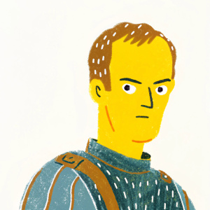 Digital 3D rendering of Stannis Baratheon. Dark leather tunic, intense gaze, close-up portrait.