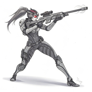 Overwatch character Widowmaker, standing in dynamic fighting pose, readying advanced weapon. Sketch-like digital illustration focusing on character's form and weapon details. White background.