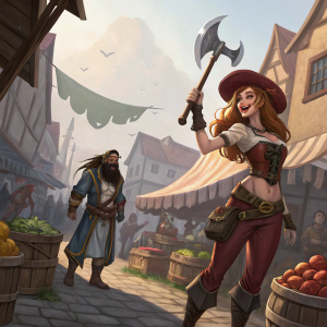 Digital art featuring Miss Fortune and Gangplank in a bustling medieval marketplace. Vibrant colors, dynamic poses.