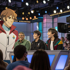 Voltron Legendary Defender cast in animated panel discussion. Varied expressions and emotions. Studio audience in background.