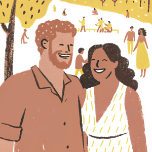 Prince Harry and Meghan Markle, smiling and laughing together in a crowded park.