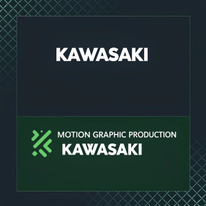 Design concept: Dark background, bold 'Kawasaki' logo in sans-serif font at the top. Below, a concise paragraph detailing the motion graphic production for Kawasaki's social media channels. The text is in a smaller, sans-serif font with a modern and clean aesthetic.