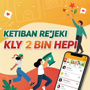 Digital artwork showcasing a vibrant social media campaign for 'Ketiban Rejeki KLY 2 BIN HEPi'. The design features a colorful banner and an innovative app interface.