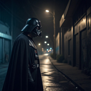 Darth Vader, standing alone in a dark alley at night. Wears black cape and ominous mask.
