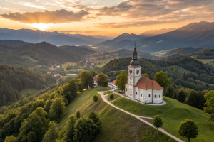 Skofja Loka, Slovenia - Aerial panoramic view of the beautiful hilltop church of Sveti Tomaz (Saint Thomas) with amazing golden sunset and the Julian Alps at background at summer time