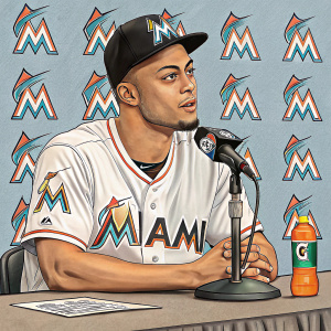 Giancarlo Stanton, Hispanic baseball player, in a press conference. Wearing a Miami Marlins jersey. Sitting at a table with a microphone and a bottle of sports drink. Background is filled with Marlins team logos and banners.