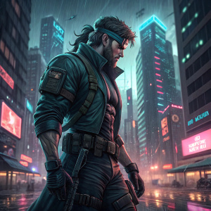 Solid Snake, iconic video game character, in a dynamic pose. Cyberpunk cityscape background, digital illustration
