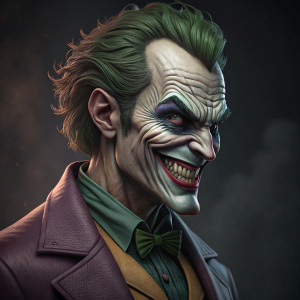 High-definition render of the Joker from Batman. Detailed facial features. Menacing expression. Digital art