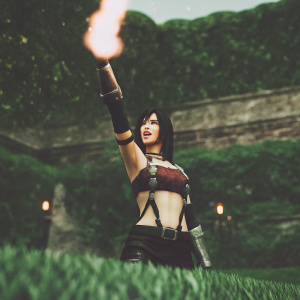 Tifa Lockhart, female protagonist, fierce expression, standing tall with glowing aura. Wearing combat-ready attire with metallic straps and buckles. Vibrant game environment with glowing effects