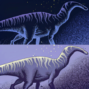 Illustration of a Parasaurolophus dinosaur, in a vibrant digital format. The image highlights the detailed scales and musculature of the creature. Also included is a wireframe version in grayscale. This detailed rendering emphasizes the dinosaur's anatomy and skin texture.