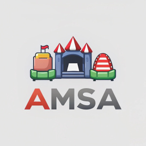 CRATE, Logo Inflatable bounce house in the background, in BIGtext AND variaty colors  theWord AMSA,