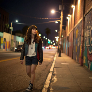 Carly Rae Jepsen, with long wavy brown hair, on a busy street at night. Dressed in a casual outfit, she walks past colorful street art.